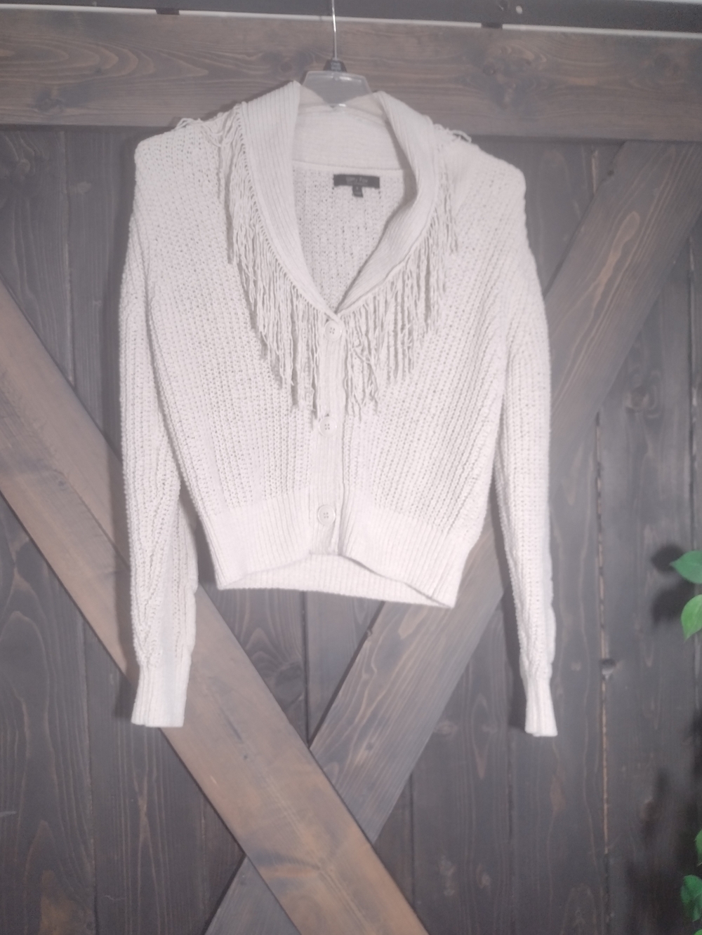 Fringed Shawl Collar Cream Knit Button-Front Sweater Size Small